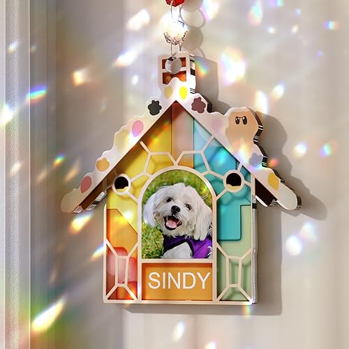 Bivei Dog Memorial Gifts for Loss of Dog, Personalized Suncatcher with Pet Picture & Name, Stained Acrylic Glass Light Catcher, Window Hangings Ornaments, Pet Sympathy Gift Keepsake for Cat/Dog Lover