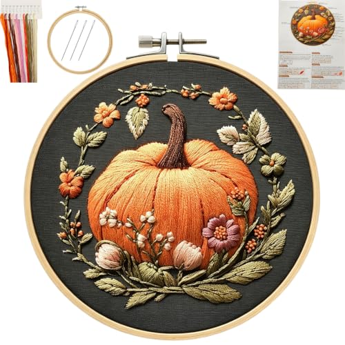 Image of YOUDRN Pumpkin Embroidery Kit for Beginners, Embroidery Kits for Adults | DIY Hand Fall Embroidery Cross Stitch Starter Set with Pattern, Threads, Needles, Instruction, 20cm Hoop