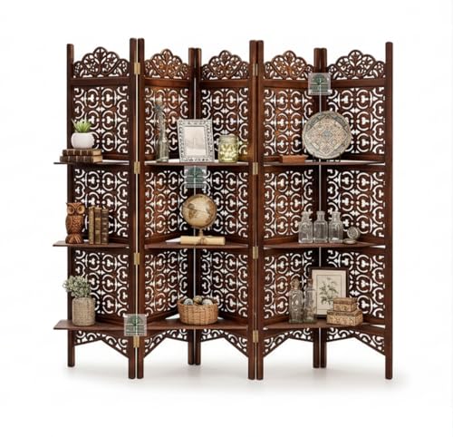Image of Wooden Room Divider 6 Feet, 5-Panel Folding Wooden Partition for Living Room, Office, Pooja Room, Restaurant, Kitchen & Balcony
