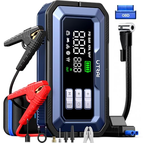 UTRAI Jump Starter with Air Compressor,8000A Portable Car Battery Jump Starter for All Gas/12L Diesel,150PSI Tire Inflator with Auto Shut-Off,160W DC Output, 2000LM Light,OBD2 Scanner