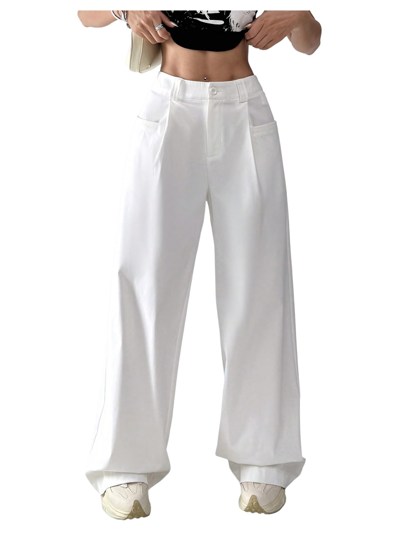 Floerns Womens Casual Baggy Wide Leg Pants Loose Elastic Waist Trousers