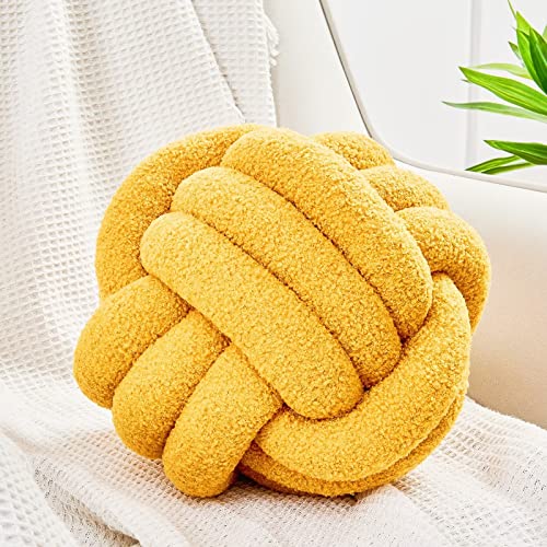 Image of Uvvyui Knot Pillow Ball, Soft Home Decorative Pillows, Round Throw Pillow, Handmade Knotted Plush Pillow, Round Boucle Pillow Cushion (14 Inches Dark Yellow)
