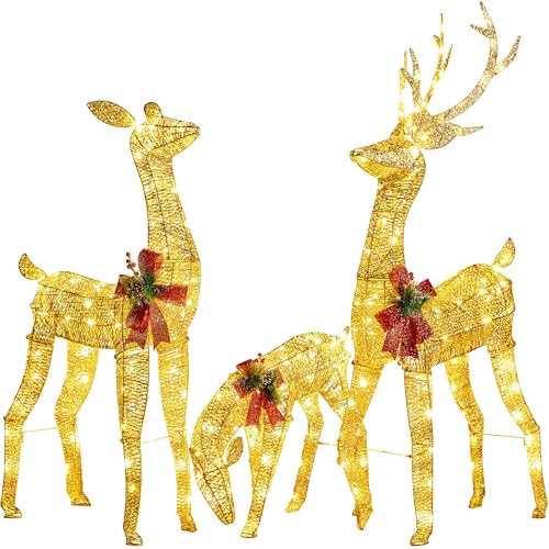 Yaheetech 3-Piece Lighted Deer Family, Reindeer Christmas Decoration with 360 LED Lights, Stakes, Zip Ties for Yard Patio Lawn Garden Party Xmas Decorations - Gold