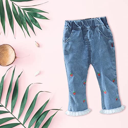 Kids Baby Girls Strawberry Embroidery Jeans Toddler Elastic Waist Denim Pants Casual Trousers with Pockets (Blue, 3-9 Months)2