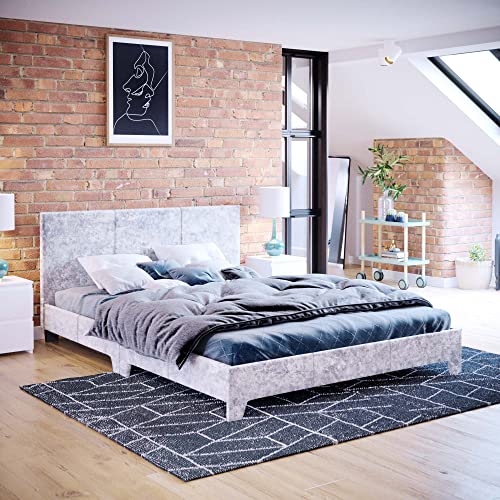 Vida DesignsVictoria Bed, Bed Frame Upholstered Fabric Headboard Bedroom Furniture (Double (4 Foot), Silver Velvet) (UKFR Certified)