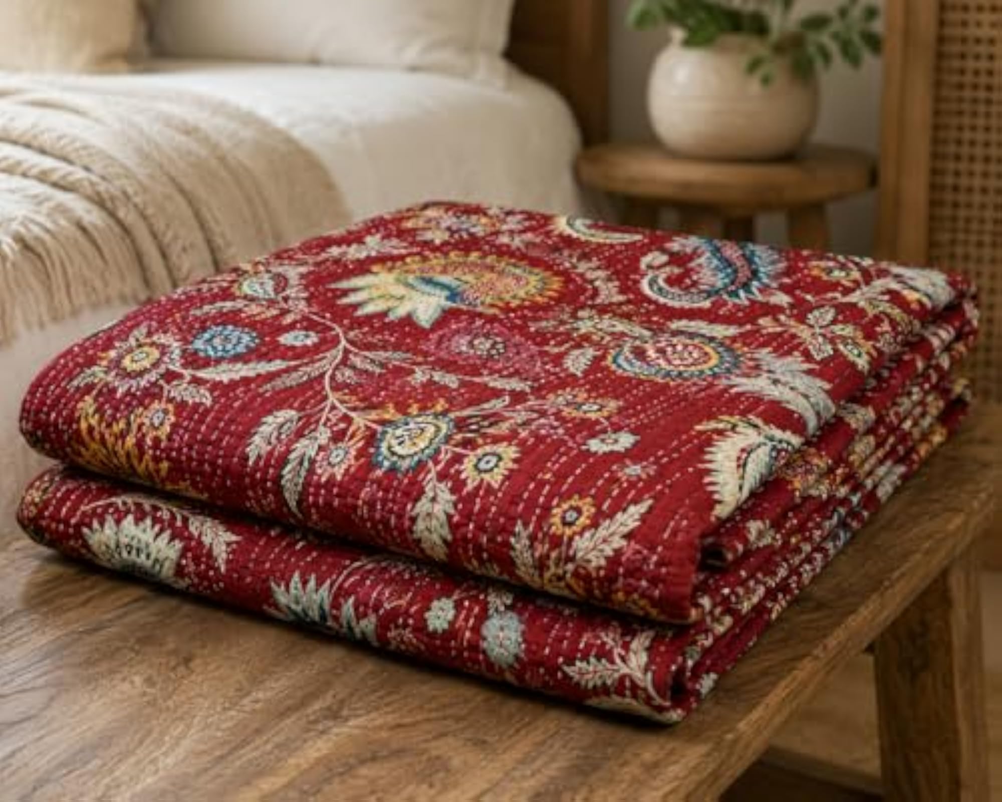 Burgundy Kantha Quilt Bedspread