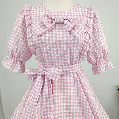 Sweet Lolita Dress Teens Princess Casual Kawaii Plaid Ruffle Lace Puff Sleeve Bandage Bow Short Dresses3