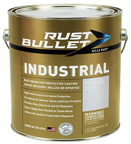 RUST BULLET Industrial Gallon - Rust Inhibitor Paint, Industrial Strength Protective Coating UV Resistant - No Topcoat Needed, Metallic Grey #1