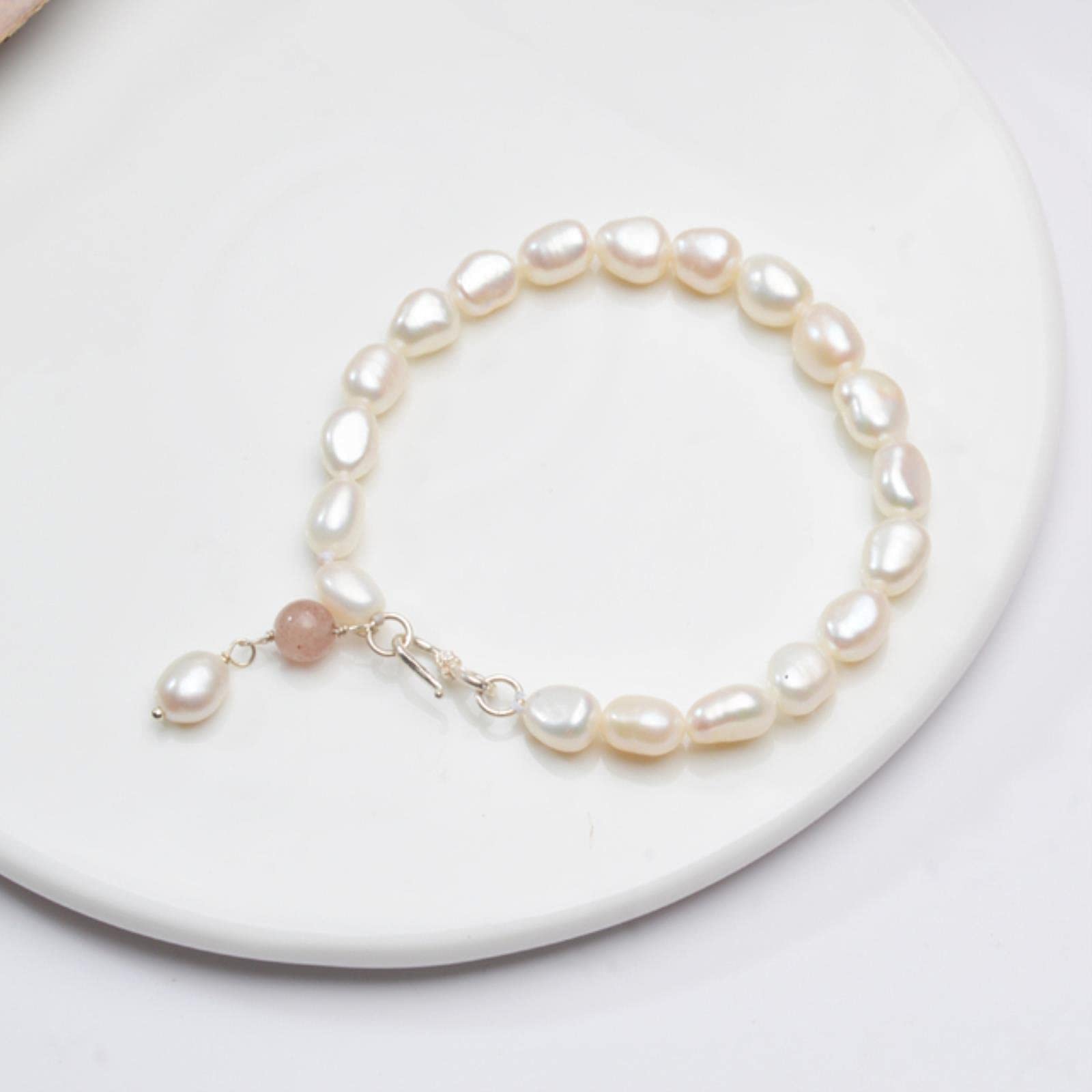 SALAN Perla Barroca De Agua Dulce Pulseras con Dijes De Cristal De Fresa Natural Joyería De Plata Esterlina 925 para Regalo De Mujer