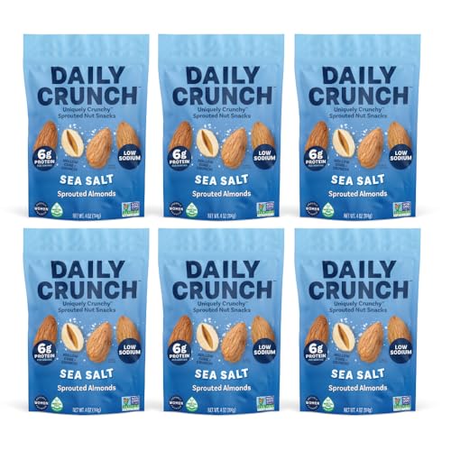 Image of Daily Crunch Sprouted Almonds and Dehydrated Nuts for a Unique Crunch, Keto Friendly, Non-GMO Zero Seed Oils, Gluten Free, 4oz (6 Pack, Sea Salt)