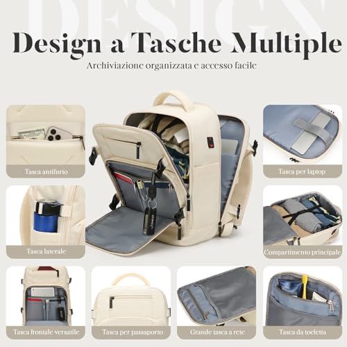 ZHXX Ryanair Handgepack 40x30x20,Handgepäck Rucksack Leichter Kabinenrucksack mit 14 Zoll Laptopfach & Diebstahlsicherung,Beigeweiß.