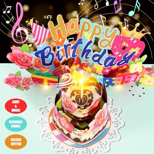 Airpark 3D Pop Up Birthday Cards, Musical & LED Lights Birthday Cards with Blowable Birthday Cake, Greeting Cards, Birthday Gifts Decorations for Women, Men, Mom, Dad, Wife, Husband, Girl, Boy, Kids