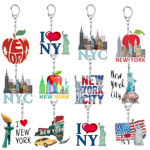 New York American Patriotic Souvenirs Gifts Set, 12Pcs New York Acrylic Keychain, NYC Souvenir Keychain Collection Includes Statue Of Liberty, Empire State, Broadway, Metro, Taxi, Big Apple