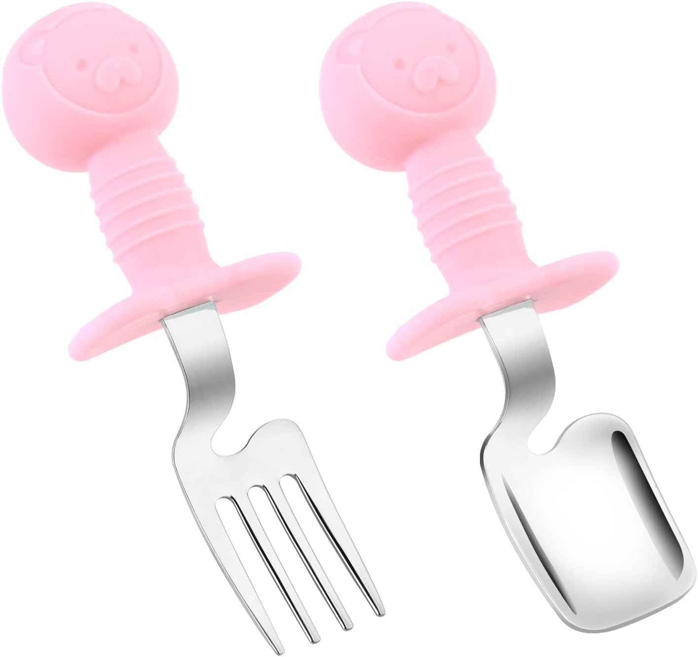 Vicloon Tenedor y Cuchara de Acero Inoxidable para Bebé, 2PCS Cucharas para Bebé de Patrón de Oso,Juego de Alimentación de Cubiertos para Bebé, Utensilios con Ganchos para Niños Pequeños(Rosa)