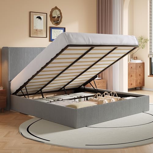 Image of SHA CERLIN King Lift Up Storage Bed Frame, Upholstered Corduroy, Grey
