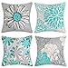 Lot de 4 Taies d'oreiller 45x45cm Turquoise et Gris Housse de Coussin Modernes Marguerites avec Joli Motif Floral Lin Housse Coussin Carré Deco pour Canapé Salon Chambre Jardin Interior Extérieur