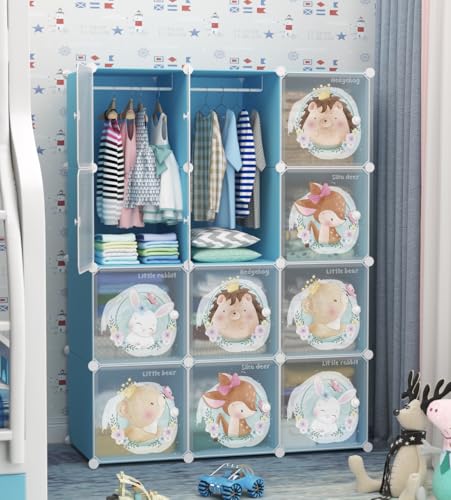 Image of Almirah for Clothes,Plastic Soft Sheet Collapsible Wardrobe for Clothes for Kids Clothes /Toy /Book, Baby Cupboard for Clothes Storage in Bedroom Nursery,Cartoon (Blue, 12-Shelf-12-Door) KTC3