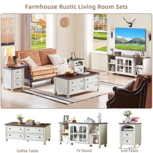 Image of RWYHG Farmhouse TV Stand for 60 in TV, Entertainment Center for Living Room | Adjustable Shelves, Magnetic Glass Door, Sturdy Gourd Base, Wood Grain Top, High Capacity Storage Cabinet, White