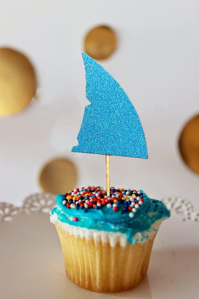Miniatura 6 de ALISSAR Paquete de 24 adornos para cupcakes con forma de tiburón con purpurina, suministros para fiestas en la piscina, decoración de baby shower,