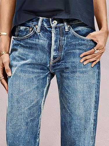 Flamingals Straight Leg Jeans for Women Mid Rise Casual Cropped Slim Fit Raw Hem Wash Detail Denim Pants2