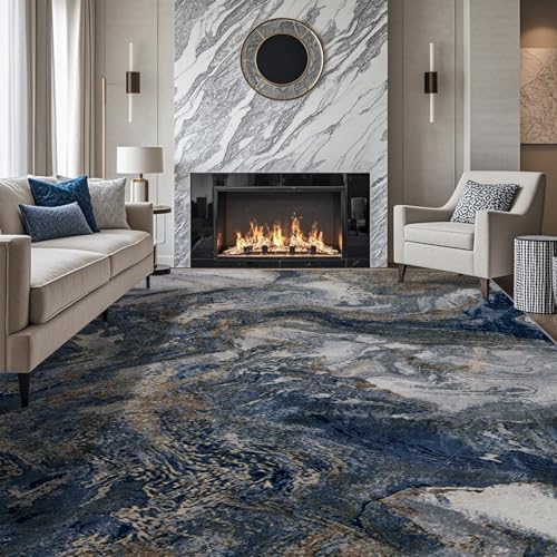 Modern Washable Rug for Living Room: Abstract 8x10 Area Rugs for Bedroom Low Pile Non Slip - Stain Resistant Carpet for Dining Room Indoor - Blue Gold