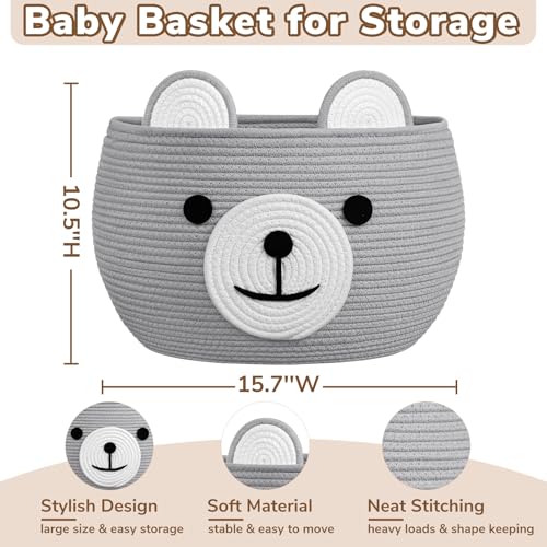 Image of CherryNow Baby Basket for Nursery, Baby Boy Gift Baskets Empty, Decorative Woven Basket for Toys Organizer Living Room, Light Gray, 15.7 inchD x 10.5 inchH