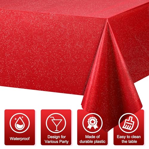 Image of FunnyPars 6 Pack Iridescent Red Plastic Tablecloth,Glitter Disposable Laser Rectangle Table Covers,Red Holographic Foil Table Cloth Christmas Birthday Wedding Anniversary Party Decorations,54x108Inch
