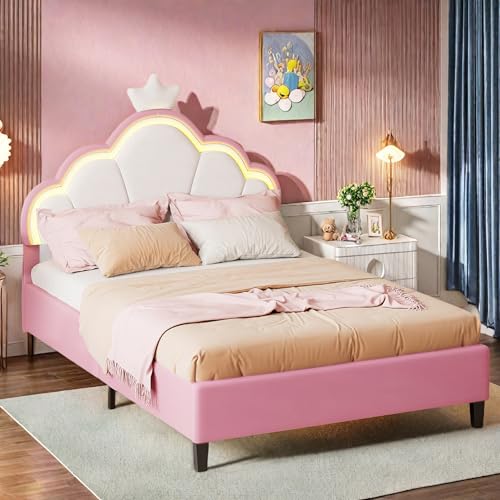 JYNVO Cama para niña de 90 x 200 cm con iluminación LED, cama acolchada para niños con cabecero de altura ajustable, cama infantil con cabecero de nubes rosas, material de terciopelo, cama adolescente