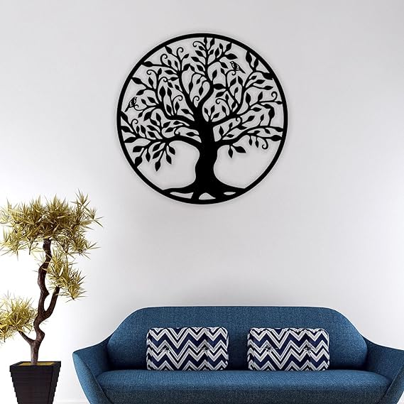 KV Art Mild Tree of Life Circle Shape Metal Wall Hanging Art Home Decor for Living Room, Bedroom, Kids Room (Size: 12X12 INCH, Black)