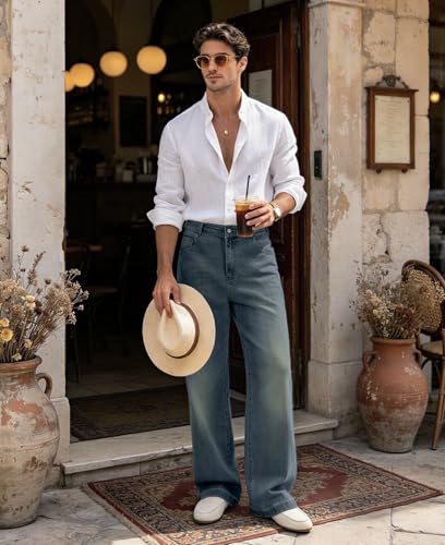 Image of Mens Bootcut Baggy Jeans Stretch Flared Wide Leg Old Money Jeans Lightweight Breathable Vintage Stylish Casual Denim Pants