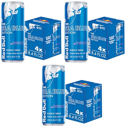 Image of Red Bull Sea Blue Edition Energy Drink, Juneberry, with 80mg Caffeine plus Taurine & B Vitamins, 8.4 Fl Oz, Pack of 12 Cans