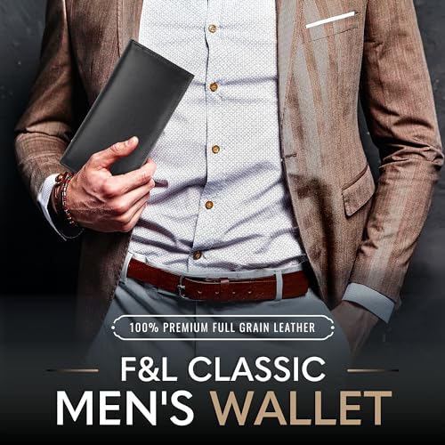 Image of F&L CLASSIC Men's RFID Vintage Look Genuine Leather Long Bifold Wallet Checkbook Wallets, black