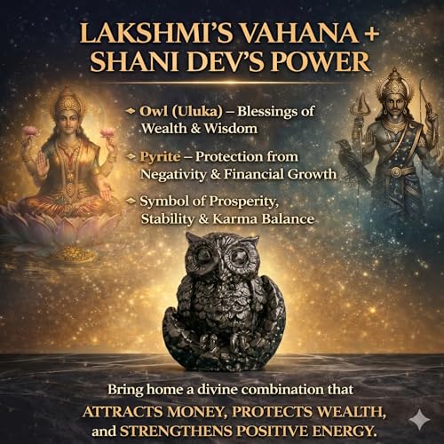 Image of Pyrite Owl with Moon Base (Maa Laxmi Ji Vahan & Shani Dev Priya) for Dhan Wealth Protection | Vastu Feng Shui Money Attraction Owl | Home Office Decor Good Luck Gift
