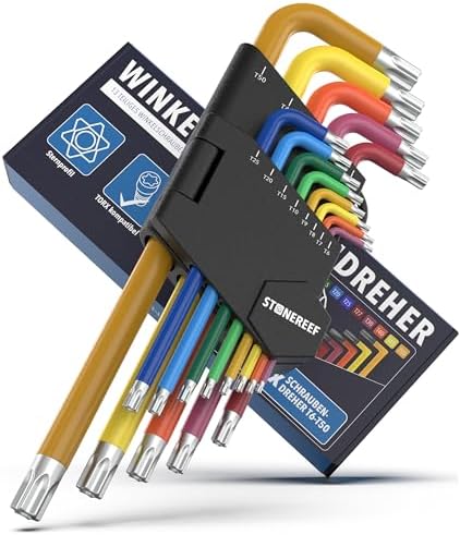 Winkelschraubendreher Set 13 tlg T6-T50 kompatibel mit Torx-Schrauben | 13 Sechsrundschlüssel von T6 bis T50 – farbcodiert, jede Größe auf einen Griff gefunden