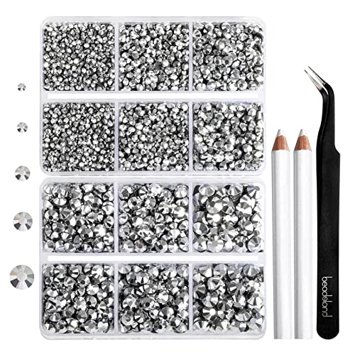 Image of 6736pcs Hotfix Rhinestones Flatback,Silver Rhinestones for Crafts Clothes Mixed 5 Sizes, Hotfix Crystals with Tweezers and Wax Pencil Kit, SS6-SS30,Silver Hematite