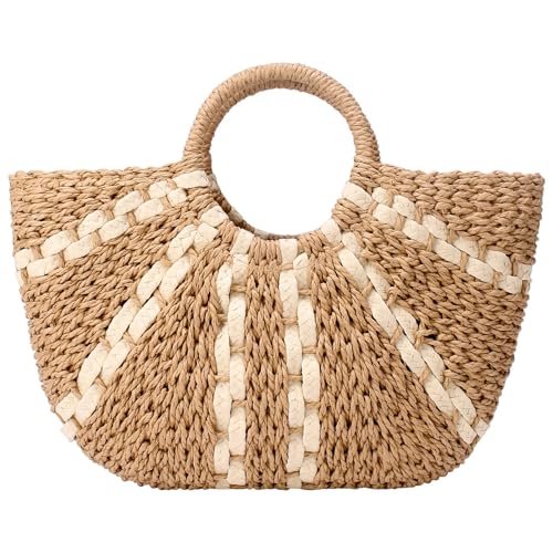 Image of YYW Straw Bags for Women,Hand-woven Straw Large Bag Round Handle Ring Tote Retro Summer Beach Rattan bag