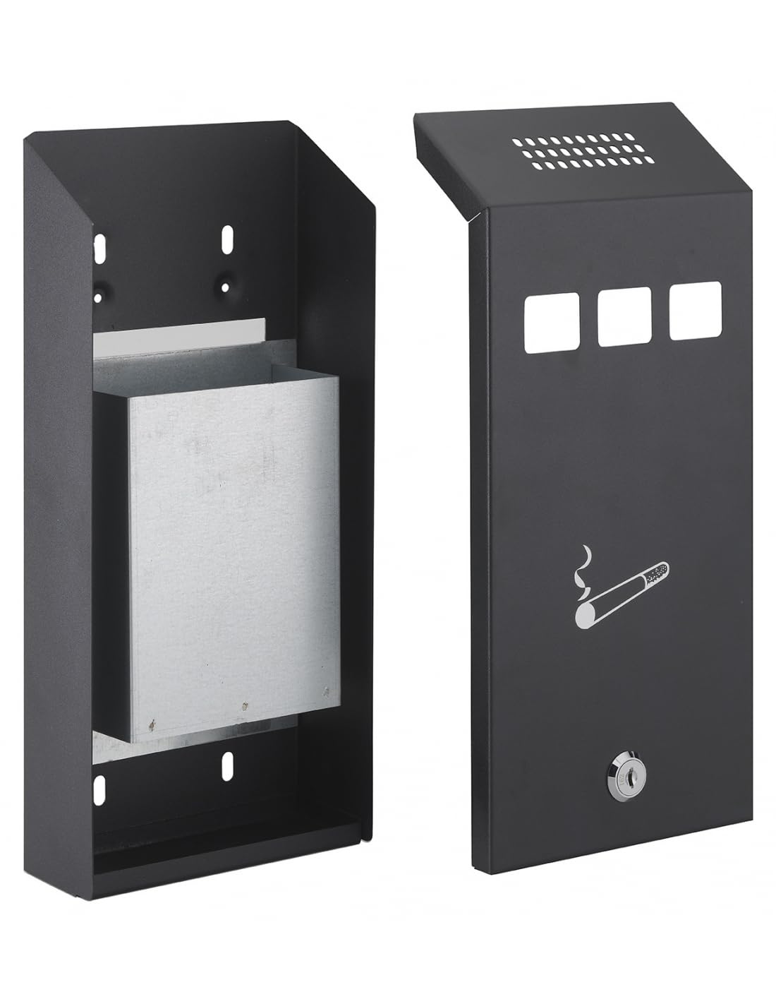 THIRARD - Cenicero de Pared - Acero - Compartimento Extraíble - 325 x 174 x 60 mm - 2 Llaves - Epoxy Negro Granulado - Fijación Mural - Caja Acero - Cierre con Cerradura