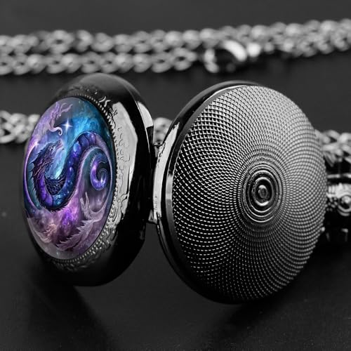 Image of Purple Dragon Design Glass Dome Exquisite Small Black Quartz Pocket Watch with Arabic Numerals Dial and Chain Ideal Gift for Any Occasion