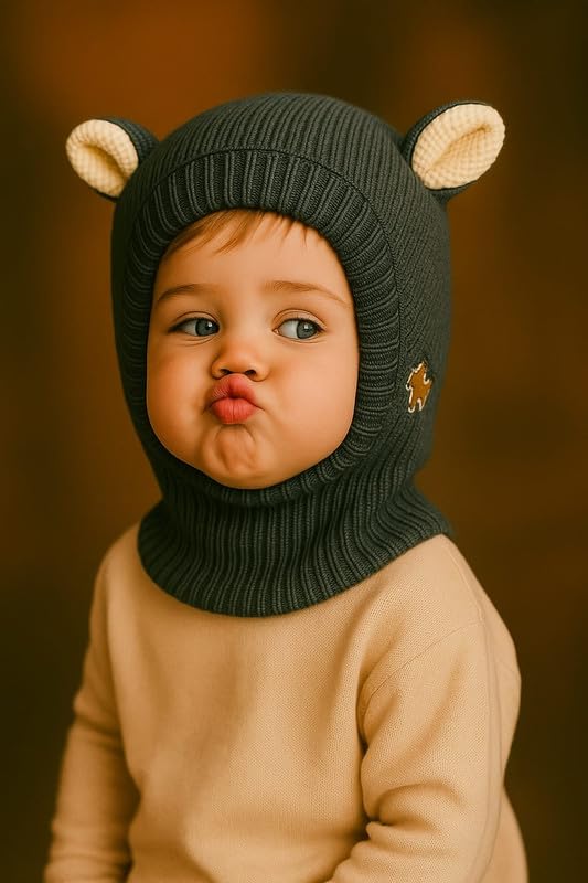 Krystle Kids Winter Knitted Balaclava Hat with Cute Bear Ears – Warm Woolen Cap for Boys & Girls (Grey,1-4 Years) 1