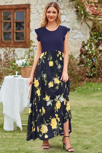 Image of OUGES Women's Maternity Dress Summer Ruffle Sleeve Patchwork Casual Flowy Maxi Dresses with Pockets