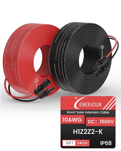 ENERJOUR 10AWG Solar Extension Cable 30FT Solar Panel Wire 10 Gauge Tinned Copper PV Wire with Waterproof Female and Male Connector for Home Marine RV Solar Photovoltaic Systems
