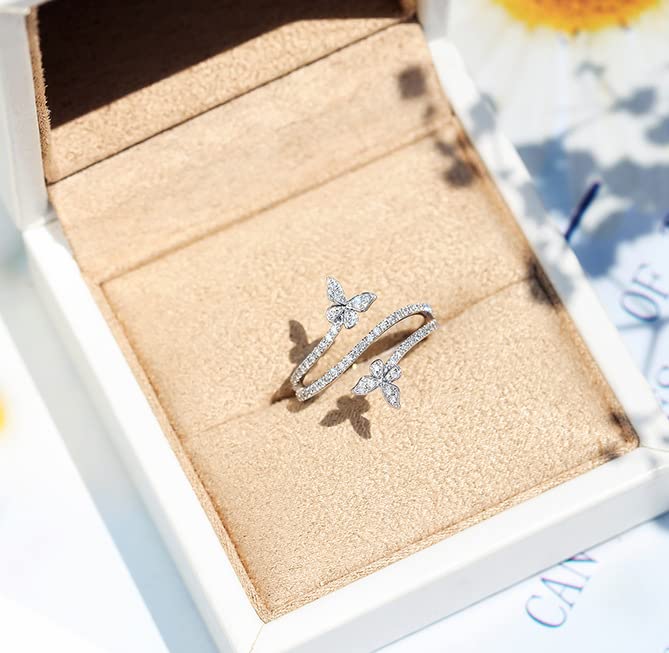 QUSIIOSLK 925 Sterling Silver Shiny Full Diamond Butterfly Ring with Three Row AAA Cubic Zirconia Anniversary Promise Rings Eternity Animal Statement Band Ring for Women Jewelry 62