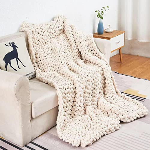 Chunky Hand-Knitted Throw Blanket, Soft And Warm, Tightly Woven Chenille Yarn, Suitable For Sofas, Beds, Gifts And Home Decorations. (Beige, 50''X60'') #TOP1