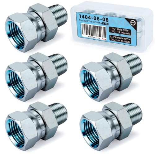 Image of Straight Hydraulic Hose Adapter Fittings, 1404-08-08 1 /2 inch-14 NPT Male Pipe x 1 /2 inch-14 NPSM Female Pipe Swivel Connectors x 5 pack