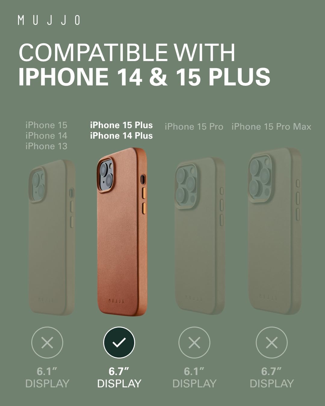 Mujjo Leather Phone Case - Fits iPhones 15 Plus and 14 Plus - MagSafe Compatible - Premium European Leather - Camera Lens Protection - Crafted with Recycled Materials - Slim Profile - Light Tan