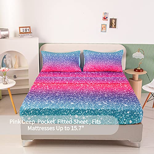Rynghipy Colorful Glitter Bed Sheet Collections, Glitter Rainbow Theme Fitted Sheet Full Size, Mermaid Design Sheets Set For Girls (Pink Blue,Full) #TOP1