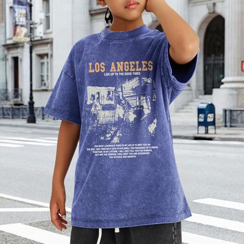 Image of Oversized Boys Graphic Tees Acid Wash Los Angeles Tshirt Youth Cotton T Shirt Crewneck Tee Kids Short Sleeve Tops