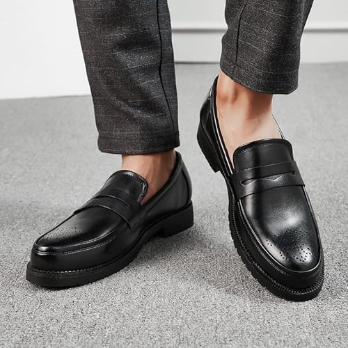Men's Leather Penny Loafers Retro Round Toe Perforated Block Heels Slip-On Dress Work Shoes Classic Moccasin Casual Business Shoes3