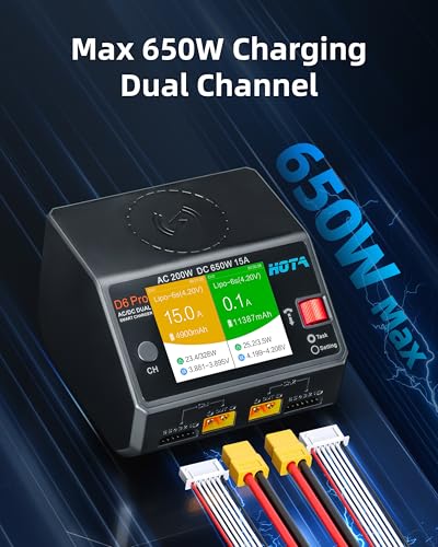 HOTA D6 Pro Lipo Ladegerät Dual Channel 15A AC200W/DC650W für 1-6S LiPo NiMH Pb Akku, kabelloses Ladepanel 5V USB-Ausgang, kompatibel mit RC Auto, Boot, FPV Race Drohnenteilen