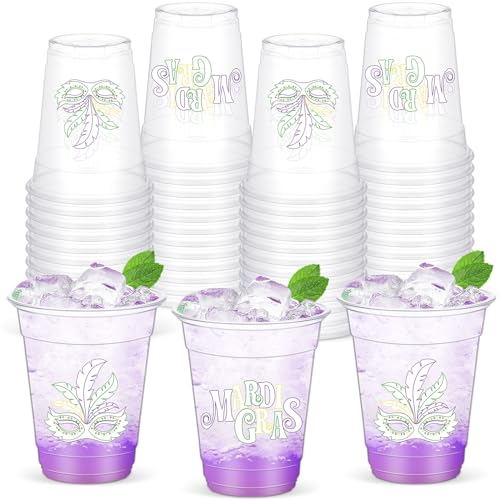 Yaomiao 50 Pieces Mardi Gras Cups Bulk 12 Oz Disposable Plastic Drinking Cups Mask Crown Clown Hat Printed Beverage Supplies for Mardi Gras Carnival Circus Party (Classic)